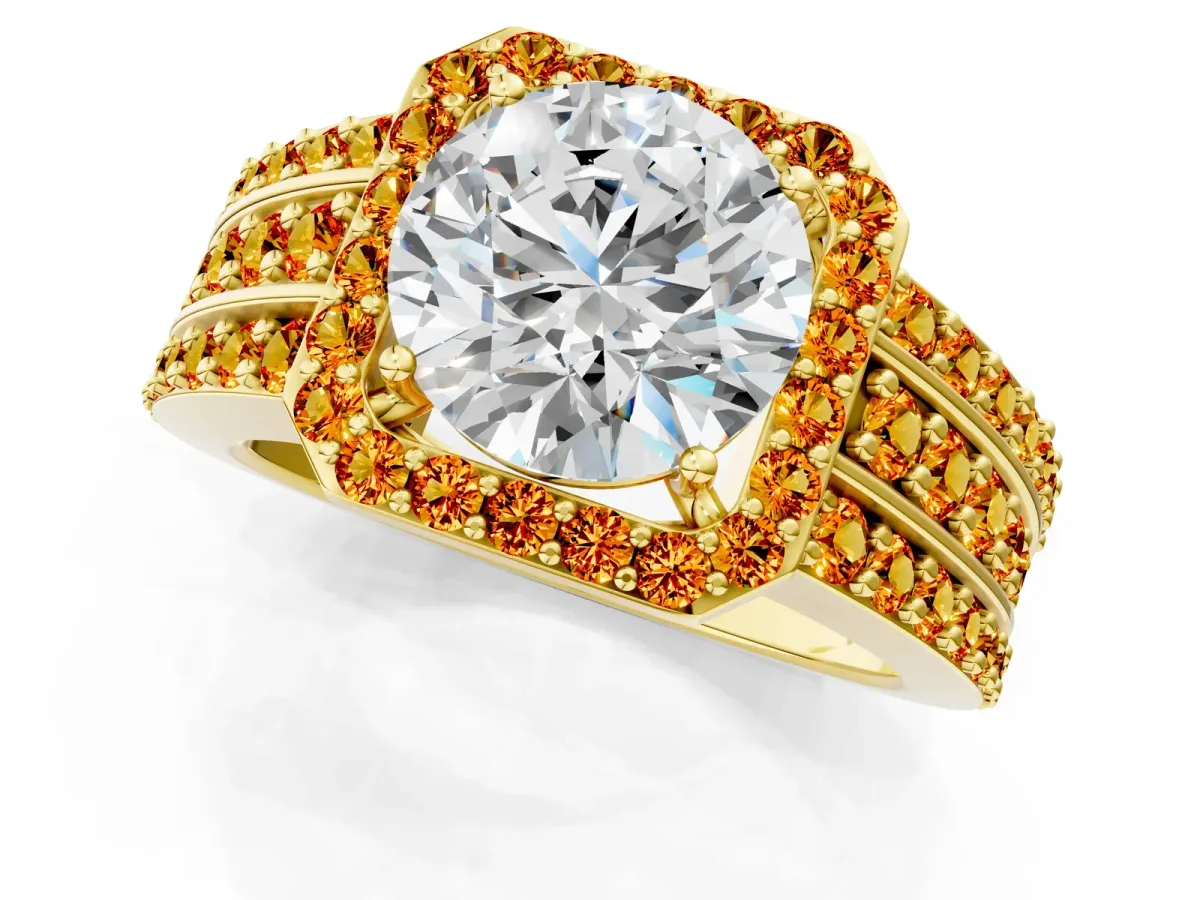 Round Cut Halo Diamond Ring with Round Citrine Split Shank and Prong Setting Yellow gold