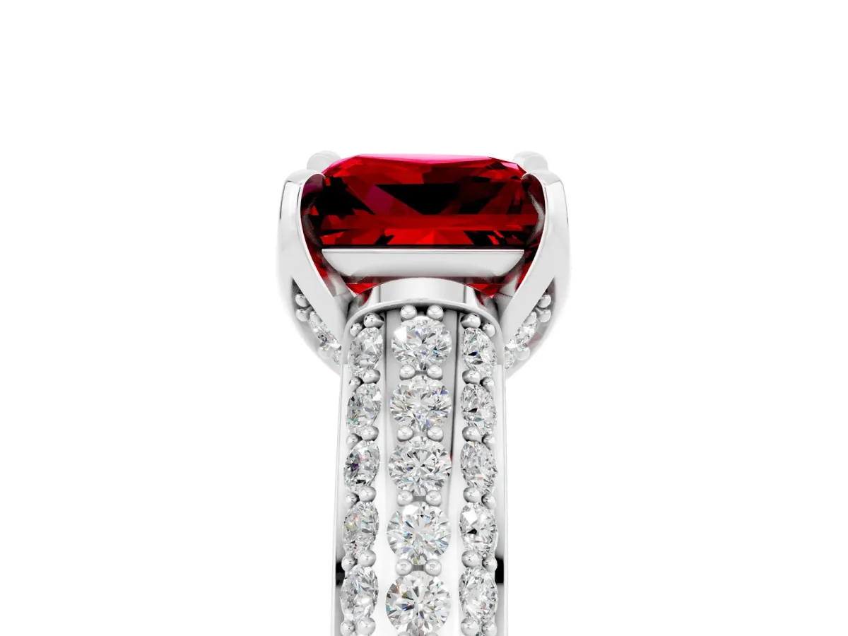 Princess Cut Ruby Solitaire Ring with Three-Row Pavé Band and Four-Prong Setting Platinum