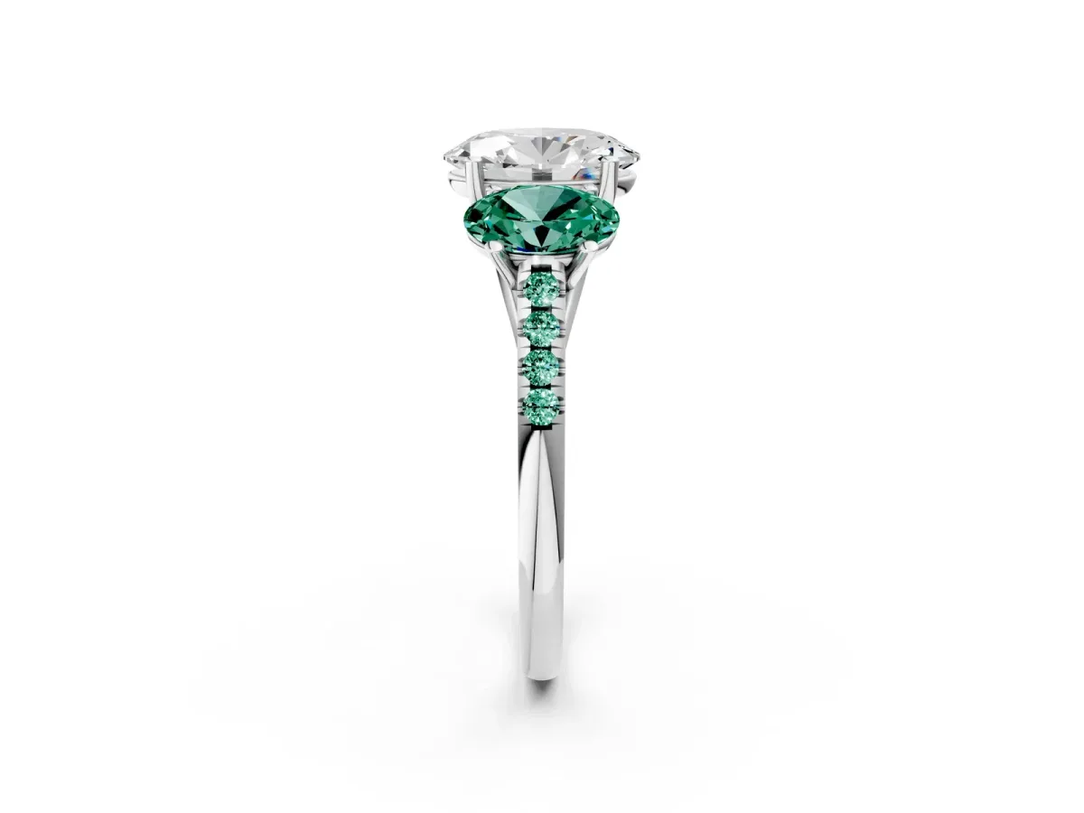Three-Stone Oval Cut Diamond Ring with Round Green Sapphire Pavé Band and Prong Setting Silver