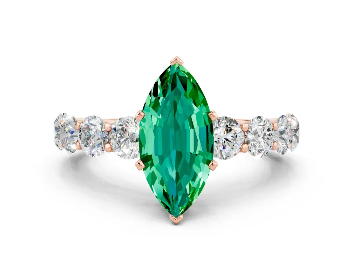 Marquise Cut Emerald Prong Setting with Side Stones on a Pave Band Rose gold