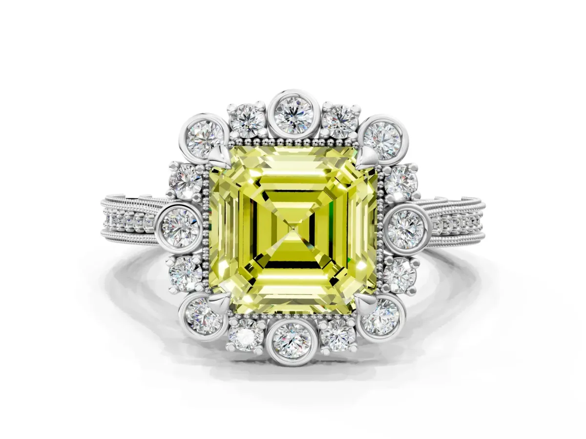 Fancy Yellow Asscher Cut Halo Milgrain Pave Diamond Ring with Four-Prong Setting Platinum