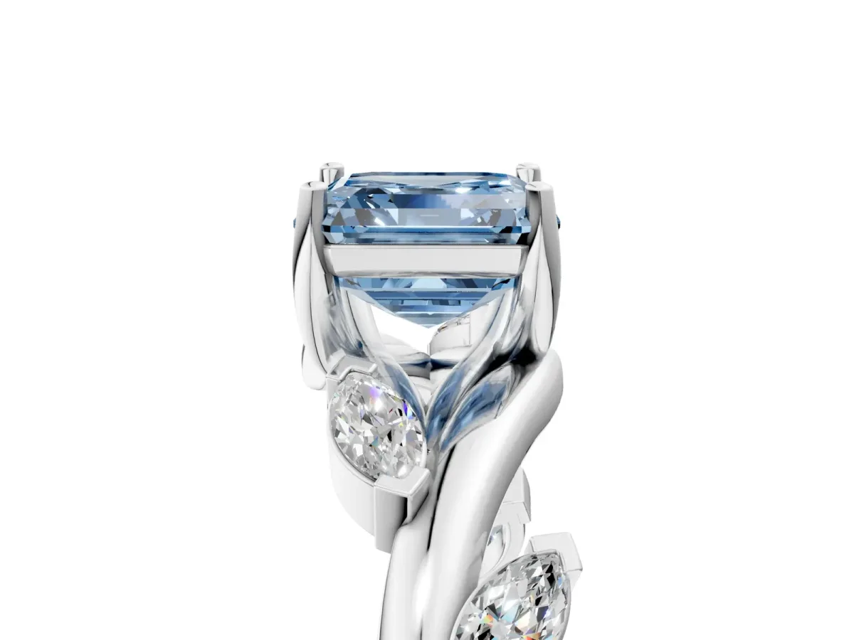Fancy Blue Asscher Cut Solitaire Twisted Band Marquise Accent Prong Setting Ring Platinum