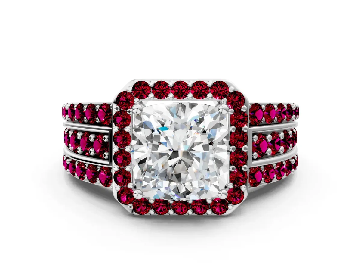 Cushion Cut Halo Diamond Ring with Round Garnet Split Shank and Prong Setting Silver