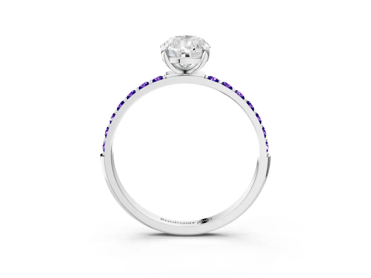Pear Cut Diamond Solitaire Ring with Round Tanzanite Pavé Band and Prong Setting Silver