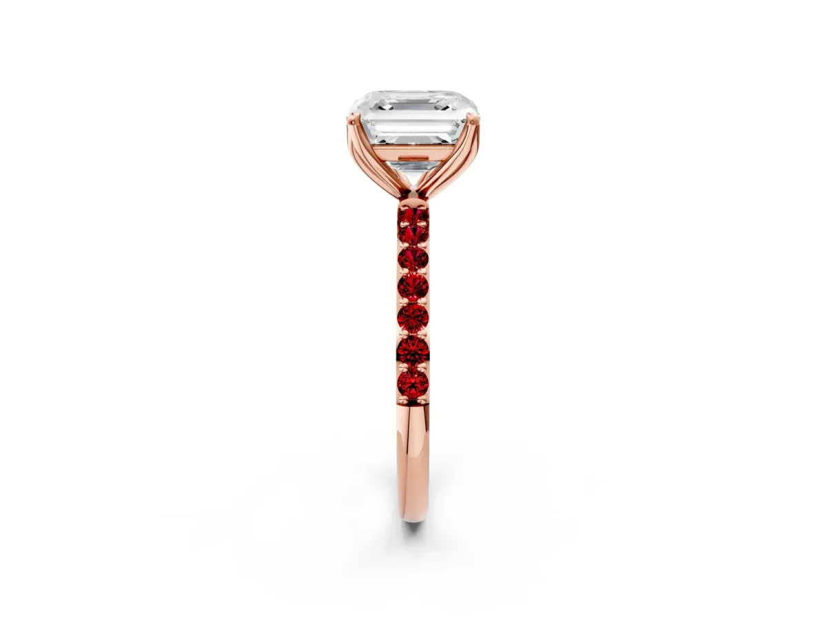 Asscher Cut Diamond Solitaire Engagement Ring with Round Ruby Pavé Band and Prong Setting Rose gold