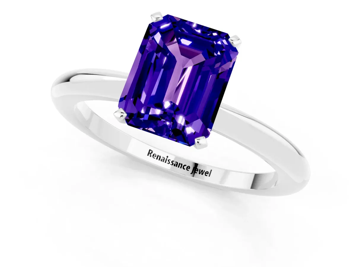 Emerald Cut Tanzanite Solitaire Ring with Six-Prong Setting and Classic Band White gold
