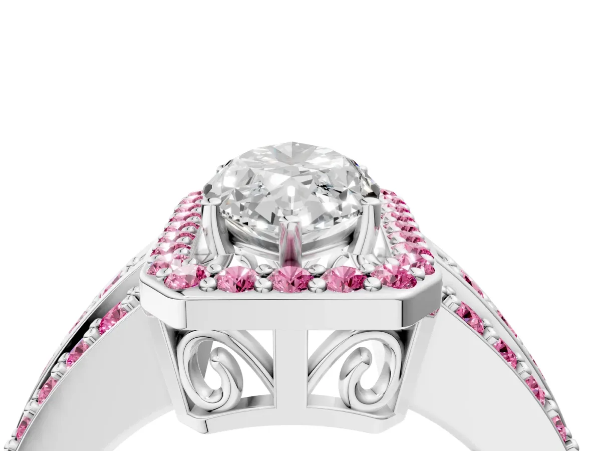 Marquise Cut Halo Diamond Ring with Round Pink Sapphire Split Shank and Prong Setting Silver