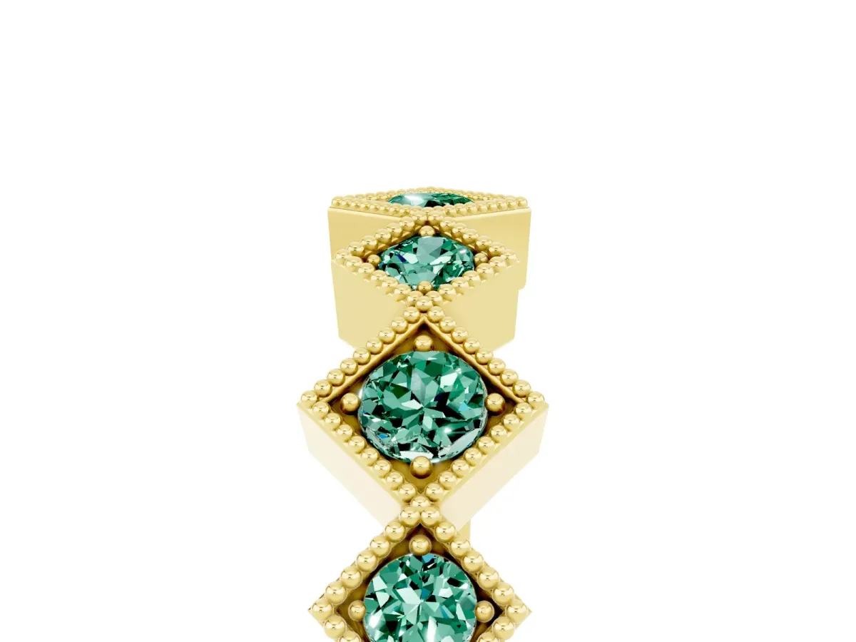 Milgrain Square Bezel Round Green Sapphire Chevron Band Yellow gold