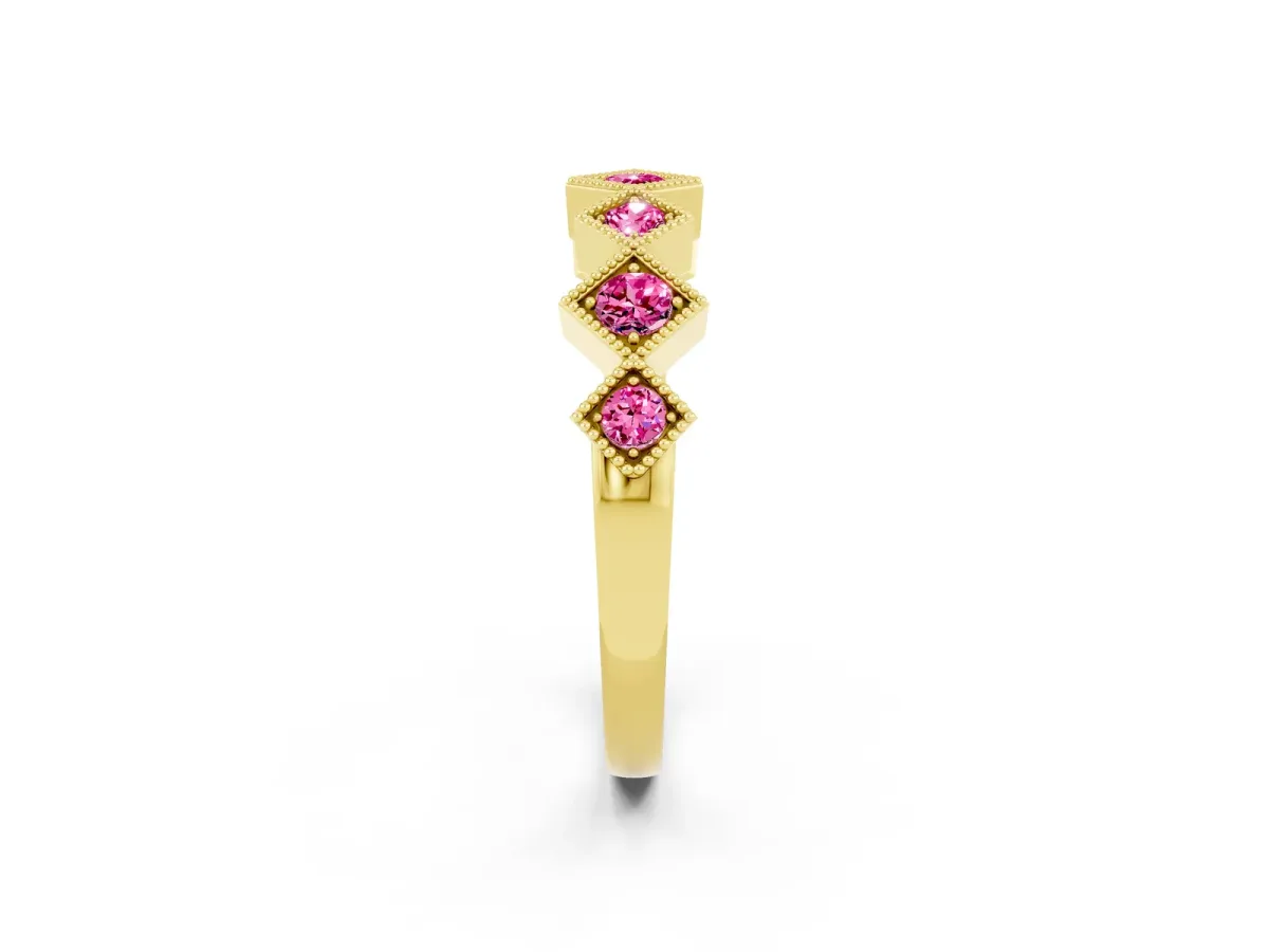 Milgrain Square Bezel Round Pink Sapphire Chevron Band Yellow gold