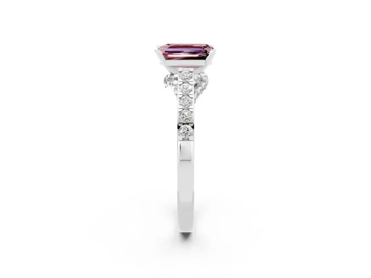 Emerald Cut Morganite Solitaire Ring with Crossover Gallery and Round Pavé Band Silver