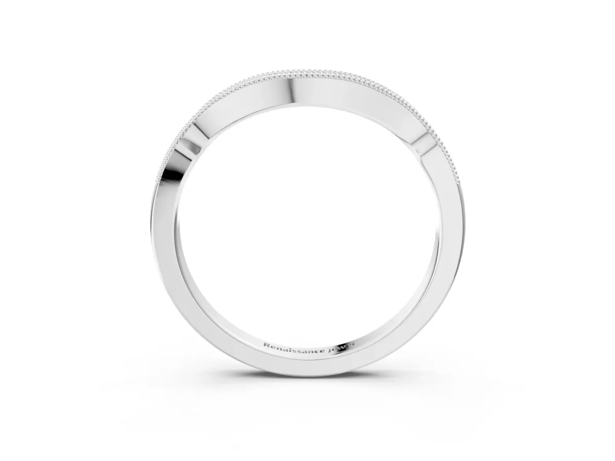 Curved Pavé Diamond Milgrain Band with Round Brilliant Stones Silver