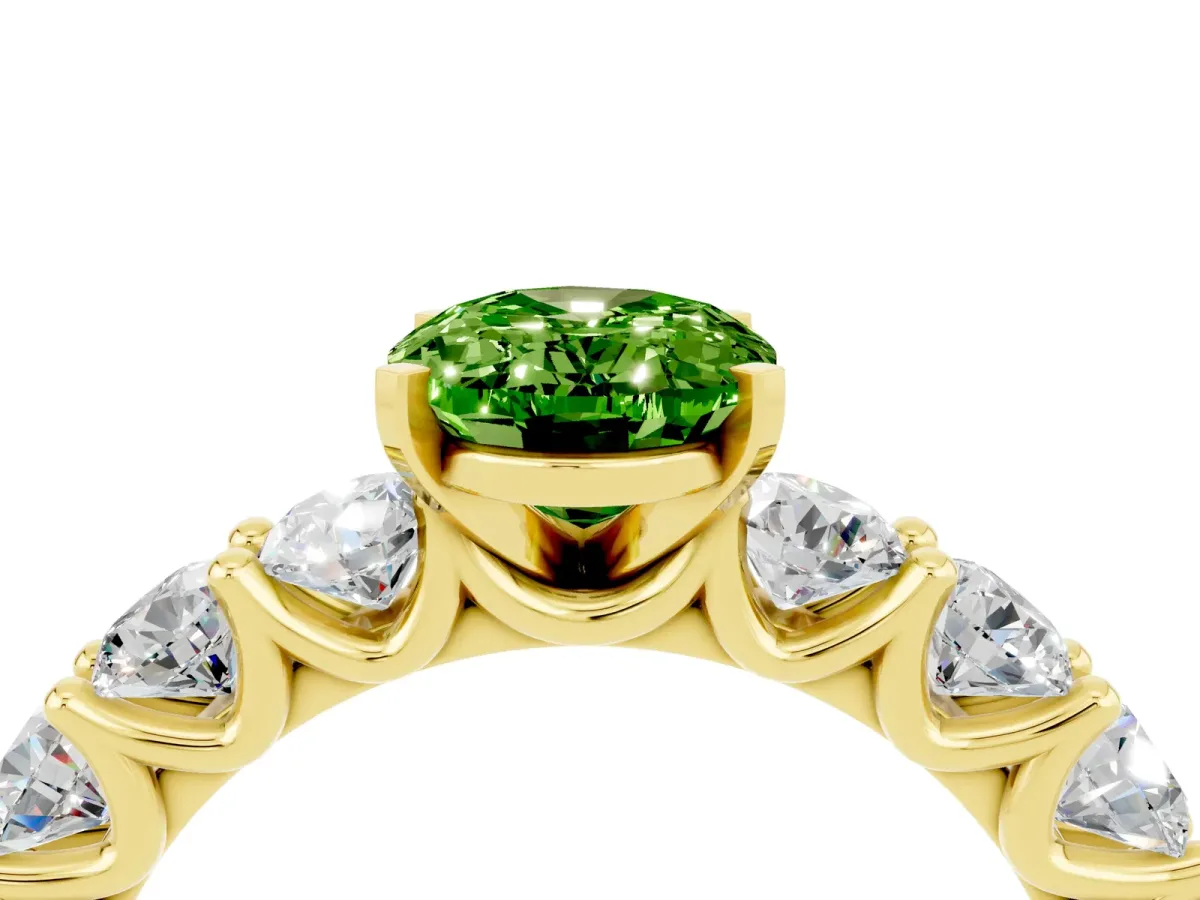 Oval Cut Peridot Prong Setting with Side Stones on a Pave Band Yellow gold
