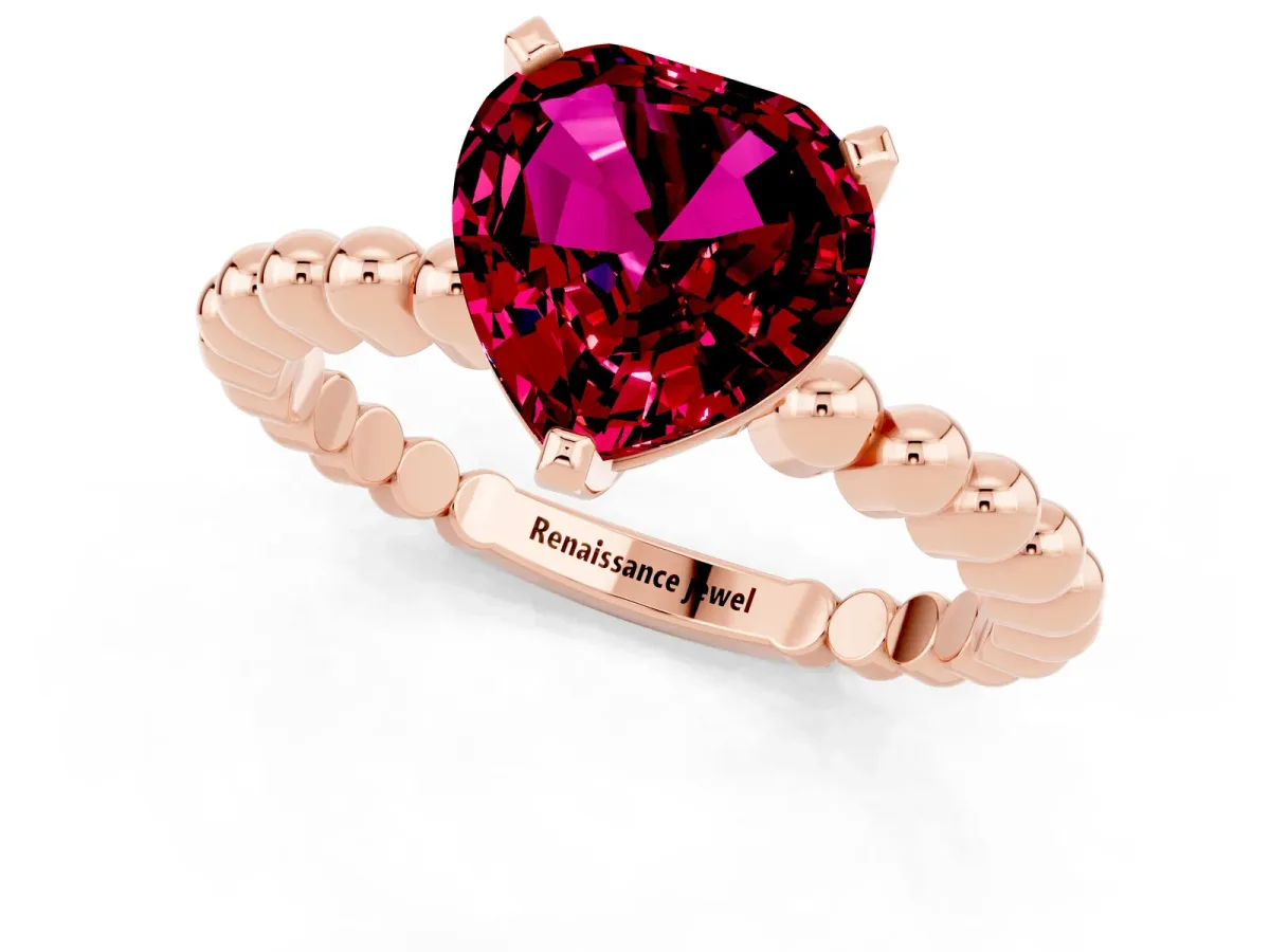Heart Cut Garnet Solitaire Ring with Beaded Band and Prong Setting Rose gold