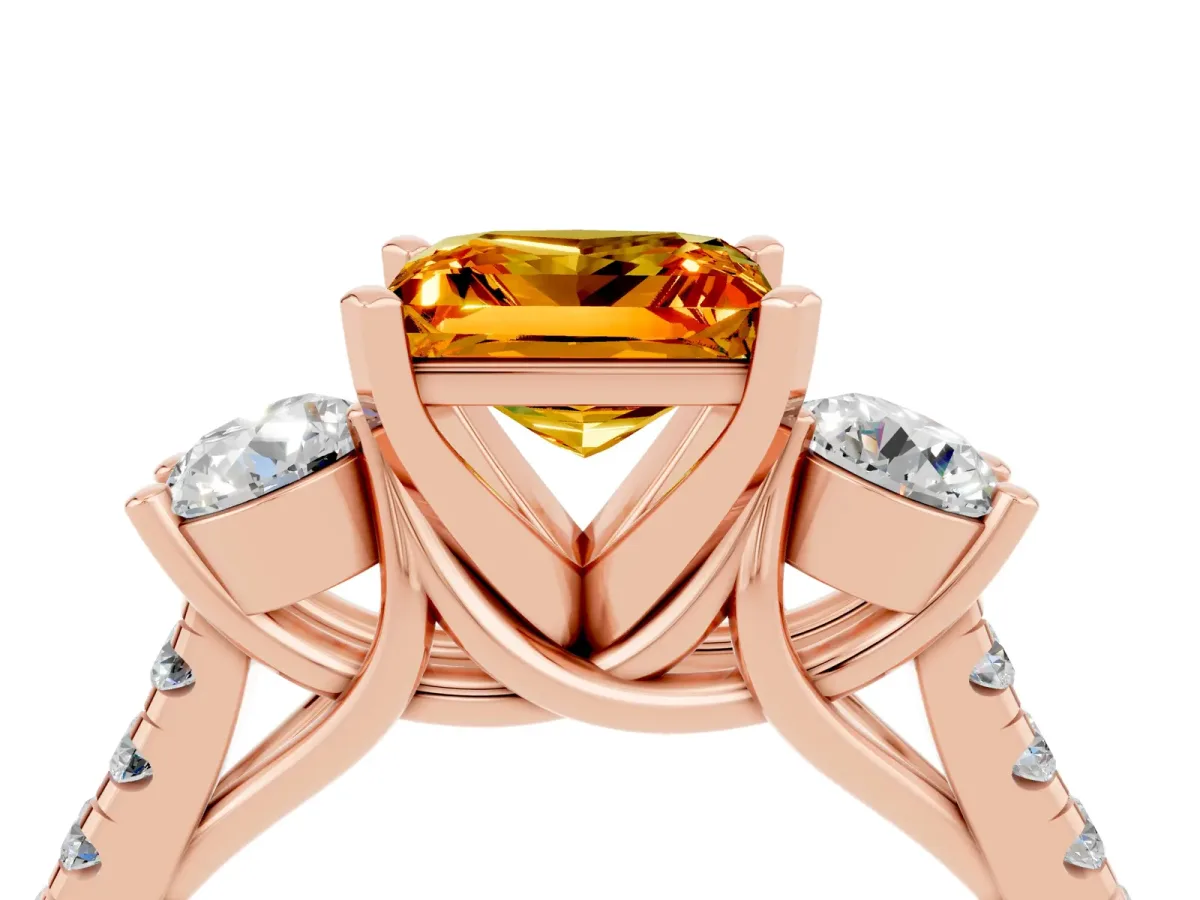 Three-Stone Princess Cut Citrine Pavé Band with Four-Prong Setting Rose gold