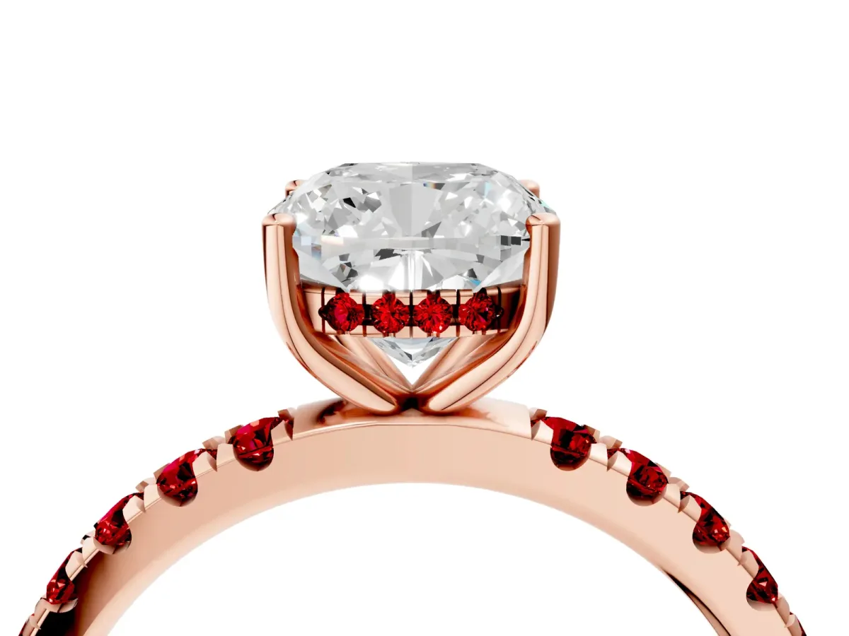 Cushion Cut Diamond Pave Band Solitaire Ring with Round Ruby and Prong Setting Rose gold