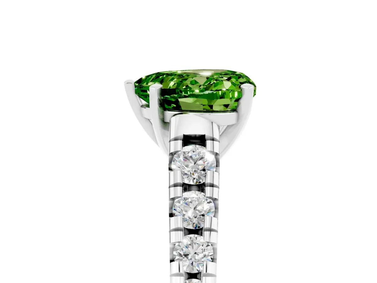 Heart Cut Peridot Cathedral Solitaire Ring with Round Pavé Band Silver
