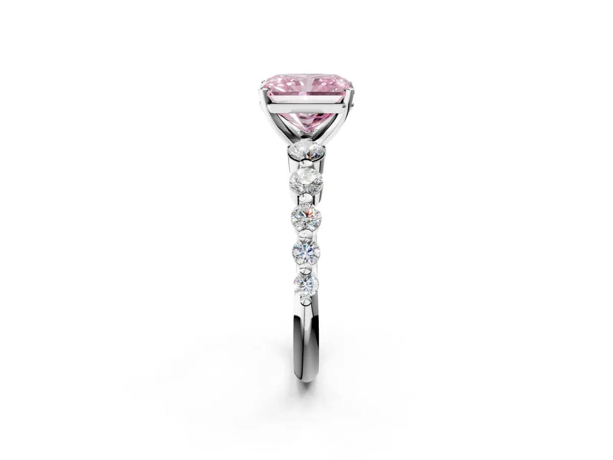 Fancy Pink Radiant Cut Solitaire Diamond Ring with Pave Band and Four-Prong Setting Silver