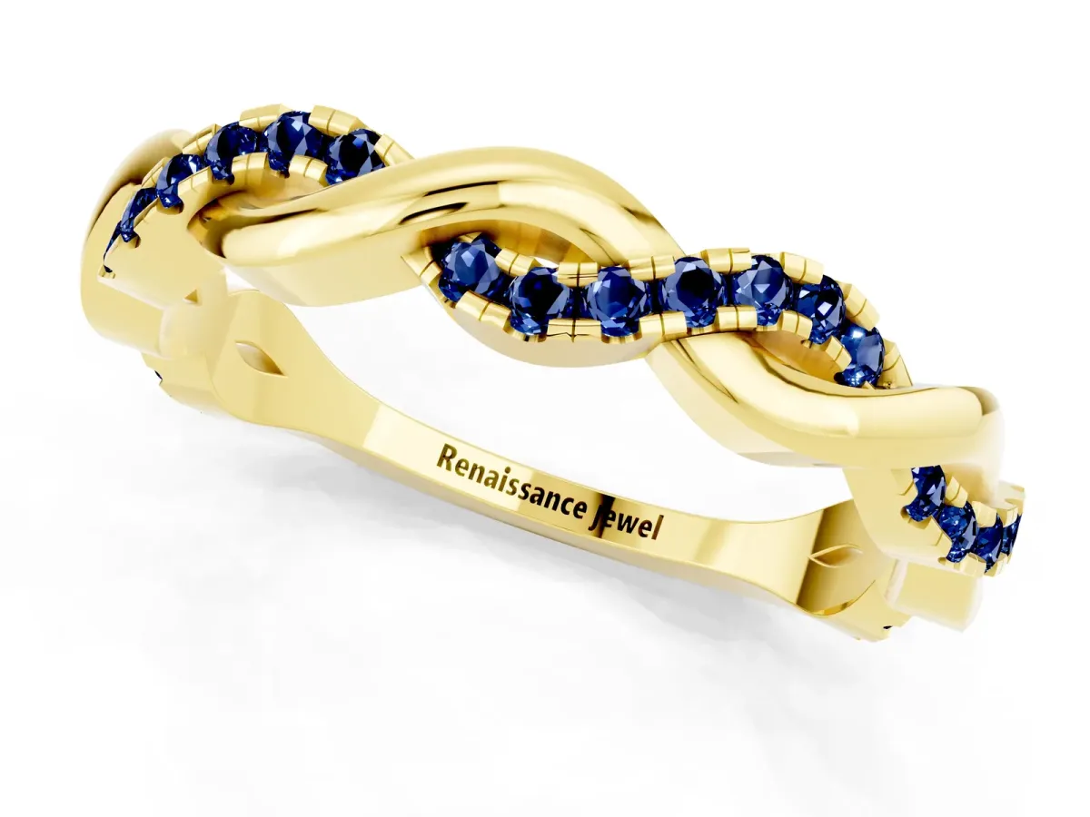 Round Blue Sapphire Twist Eternity Band with Pavé Setting Yellow gold