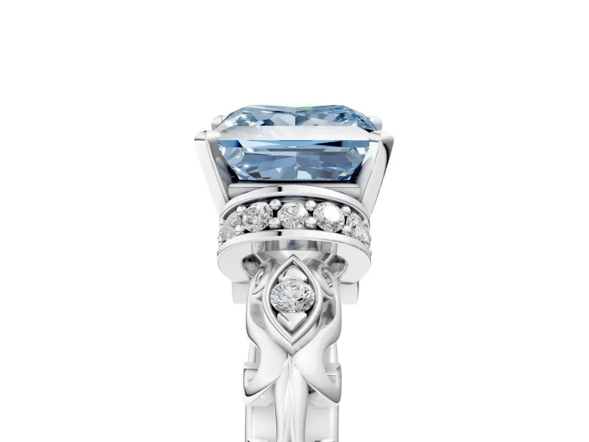 Fancy Blue Princess Cut Diamond Solitaire Ring with Filigree Band and Four-Prong Setting Silver