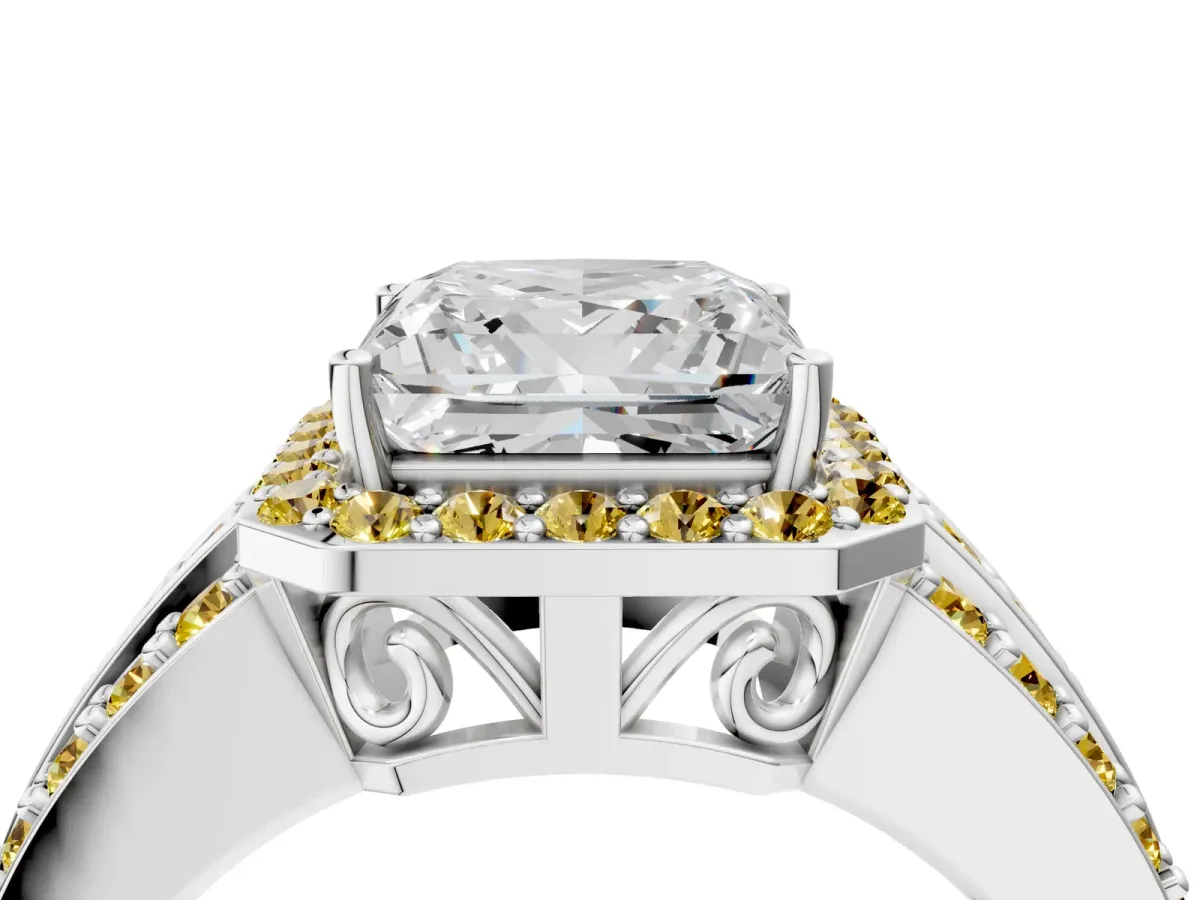 Princess Cut Halo Diamond Ring with Round Yellow Sapphire Split Shank and Prong Setting Silver