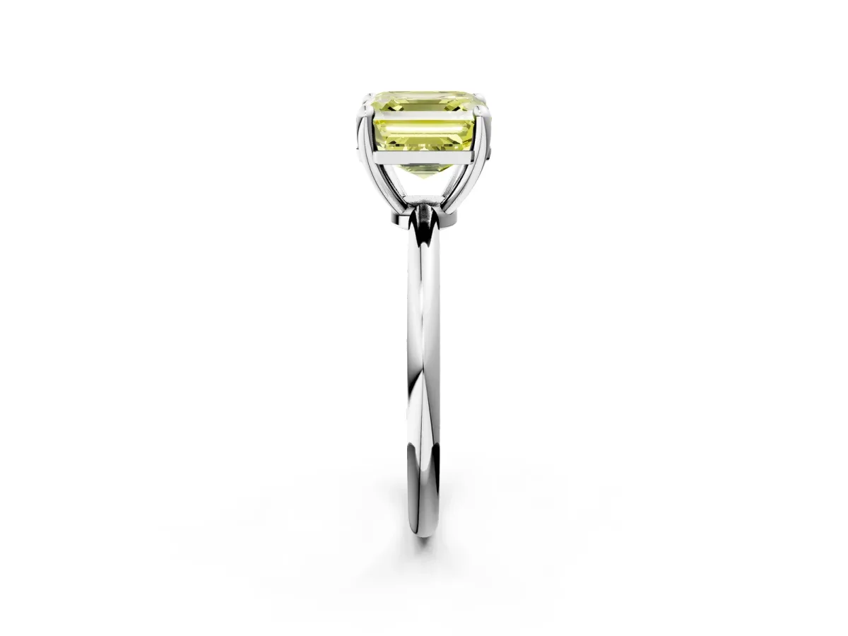 Fancy Yellow Asscher Cut Solitaire Diamond Ring with 4-Prong Setting on a Classic Band White gold