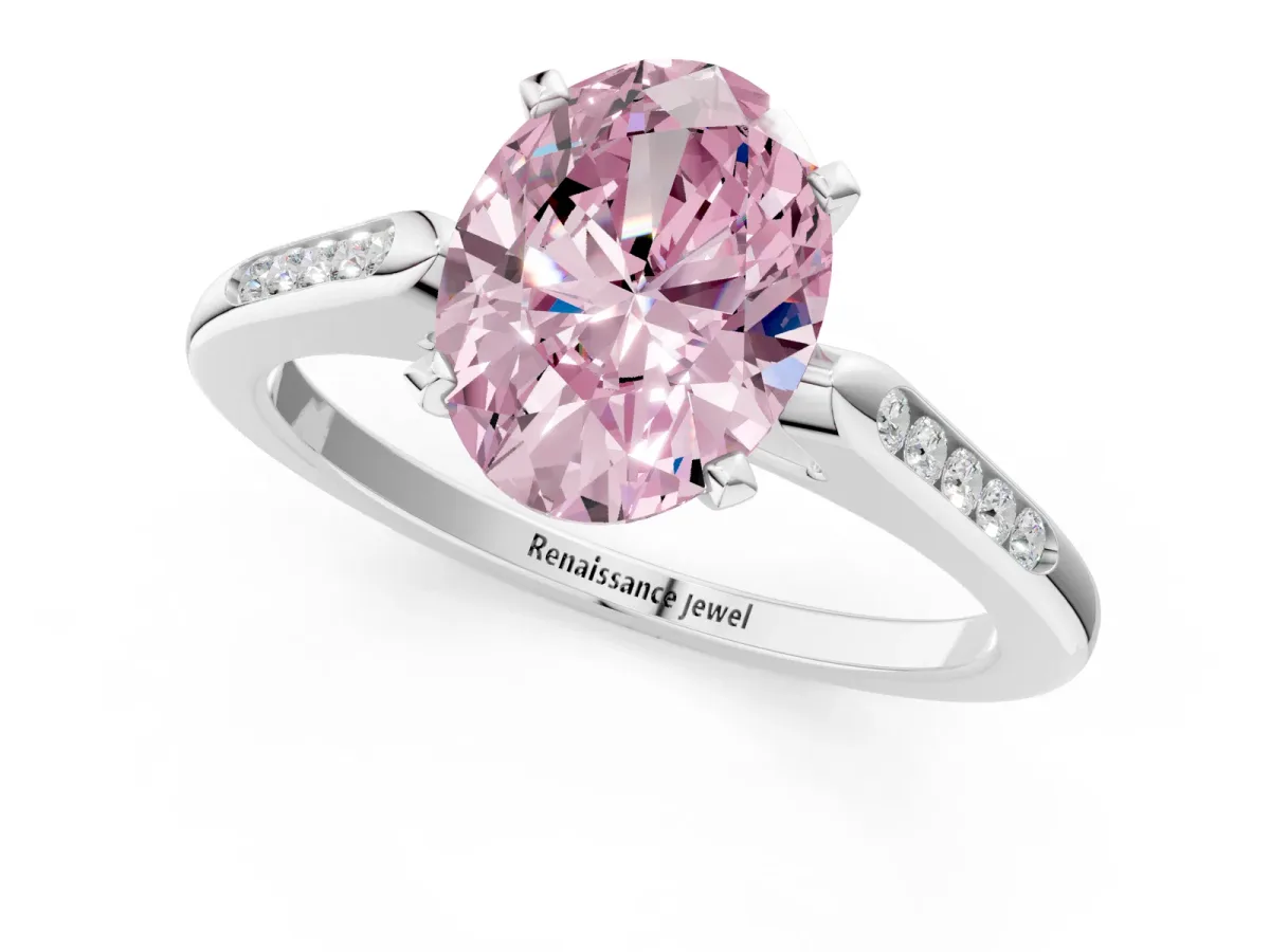 Fancy Pink Oval Cut Diamond Solitaire Ring with Channel Set Round Band and Prong Setting Silver
