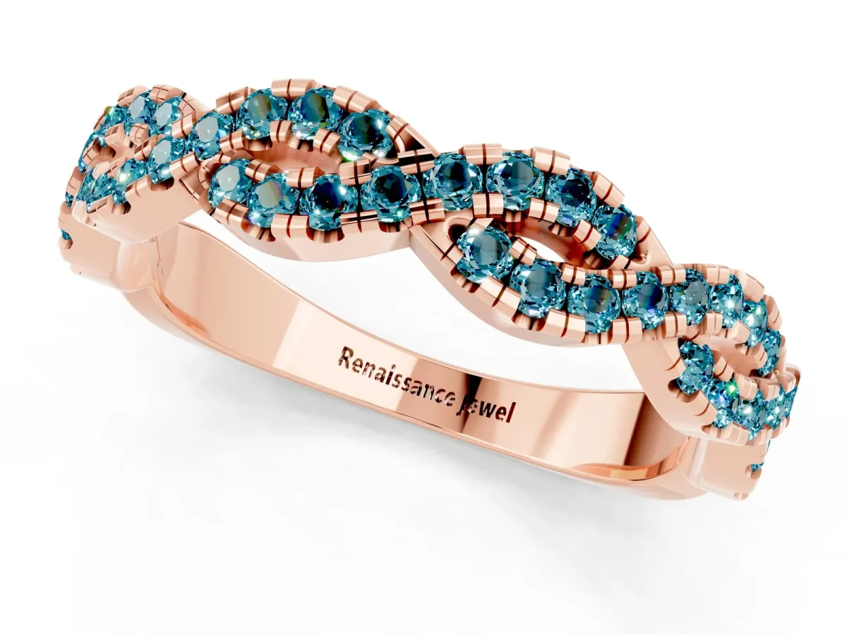 Round Blue Topaz Twisted Eternity Band with Pavé and Shared Prong Setting Rose gold