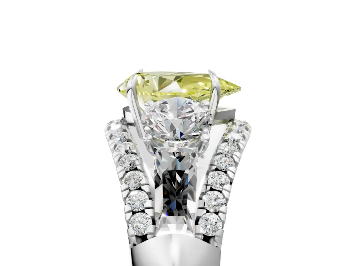Fancy Yellow Three-Stone Pear Cut Diamond Engagement Ring with Pave Band and Prong Setting Platinum