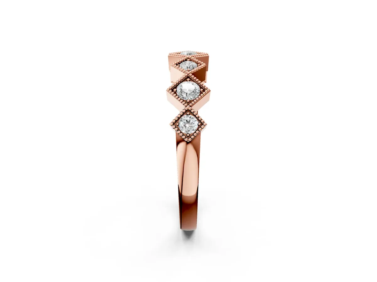 Milgrain Square Bezel Round Diamond Chevron Band Rose gold