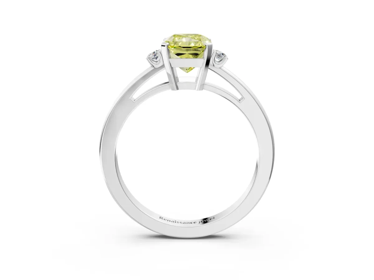 Fancy Yellow Radiant Cut Cut Three-Stone Solitaire Ring with Round Accent Diamonds and Four-Prong Setting Platinum