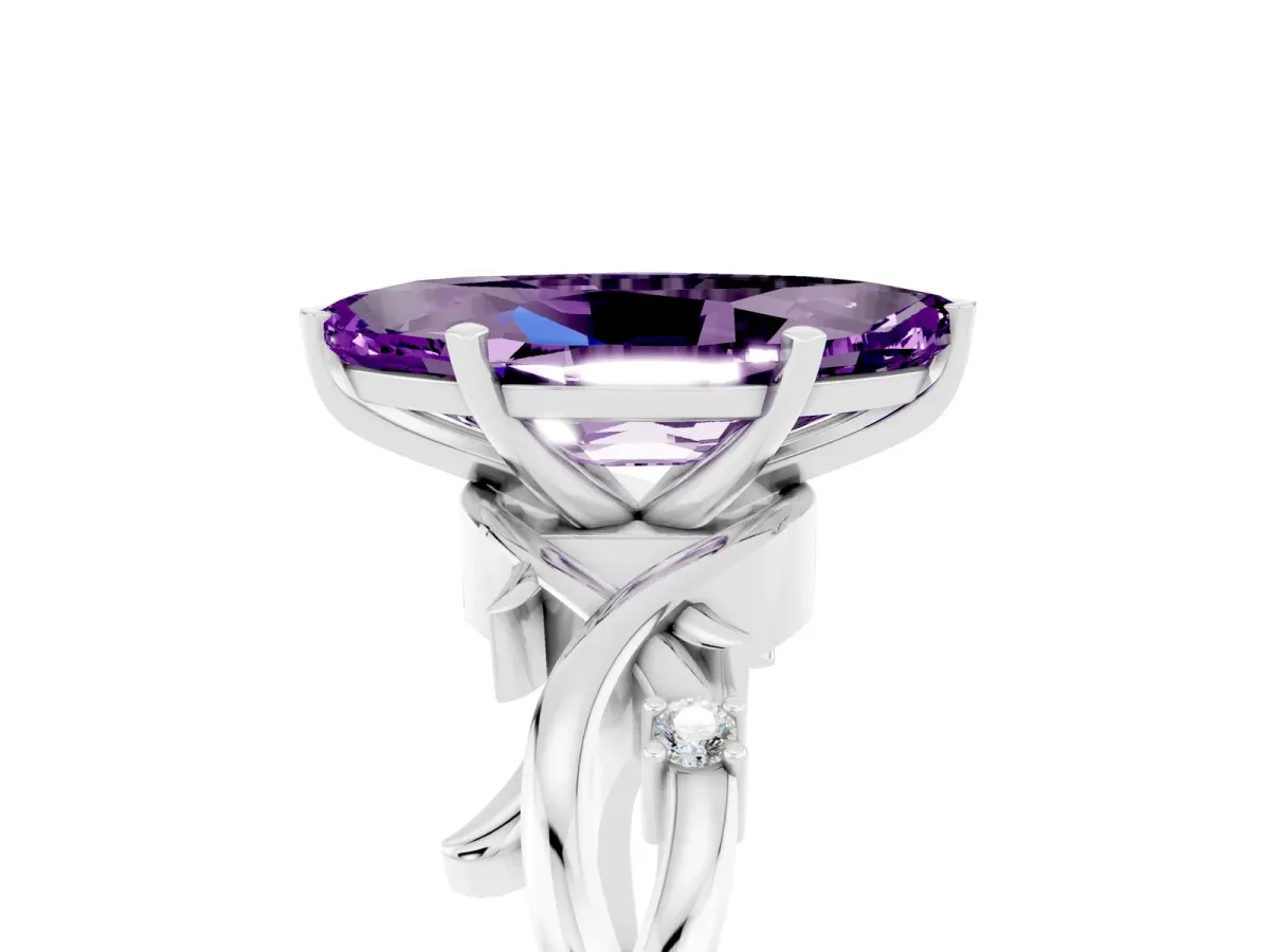 Marquise Cut Amethyst Solitaire Ring with Milgrain Pavé Band and Four-Prong Setting Silver