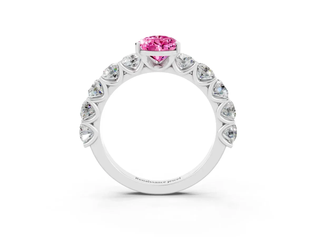 Pear Cut Pink Sapphire Prong Setting with Side Stones on a Pave Band Silver
