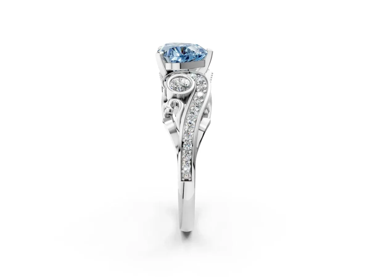 Fancy Blue Heart Cut Diamond Solitaire Ring with Milgrain Pavé Band and Four-Prong Setting Silver