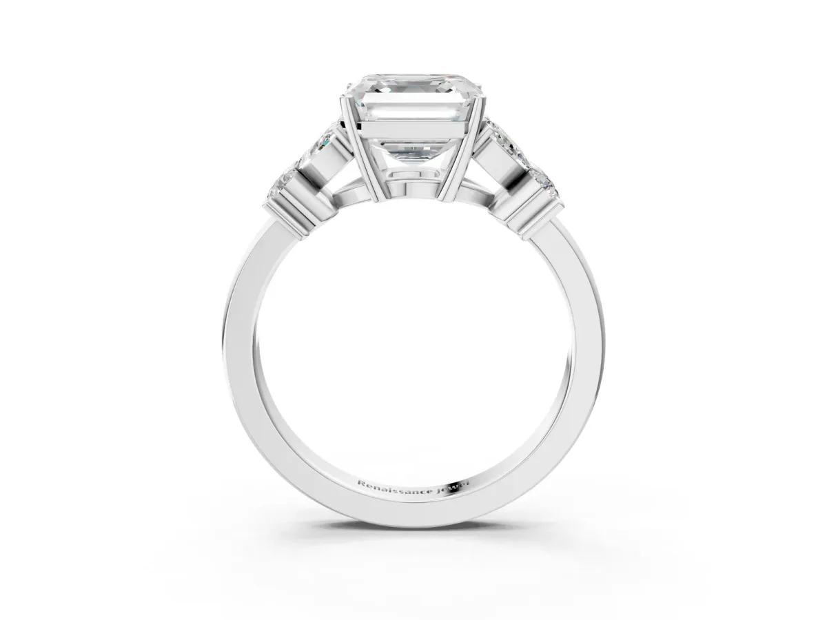 Asscher Cut Diamond Floral Cluster Ring with Solitaire Band and Prong Setting Platinum