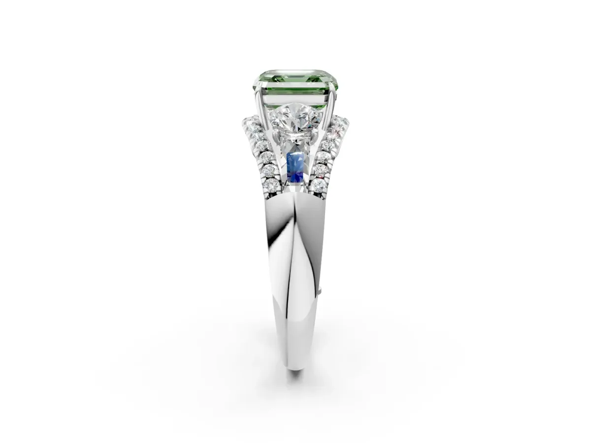 Fancy Green Three-Stone Asscher Cut Diamond Engagement Ring with Pave Band and Prong Setting Platinum