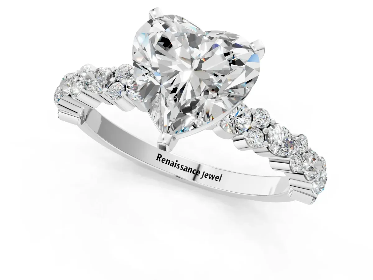 Heart Cut Diamond Side Stone Solitaire Ring with Round Moissanite and Four-Prong Setting Platinum