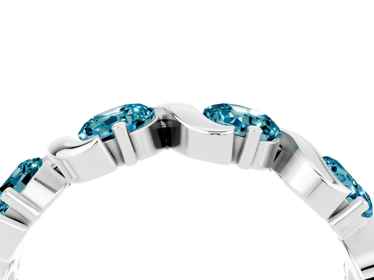 Round Blue Topaz Half Eternity Band with Wave Prong Setting Silver