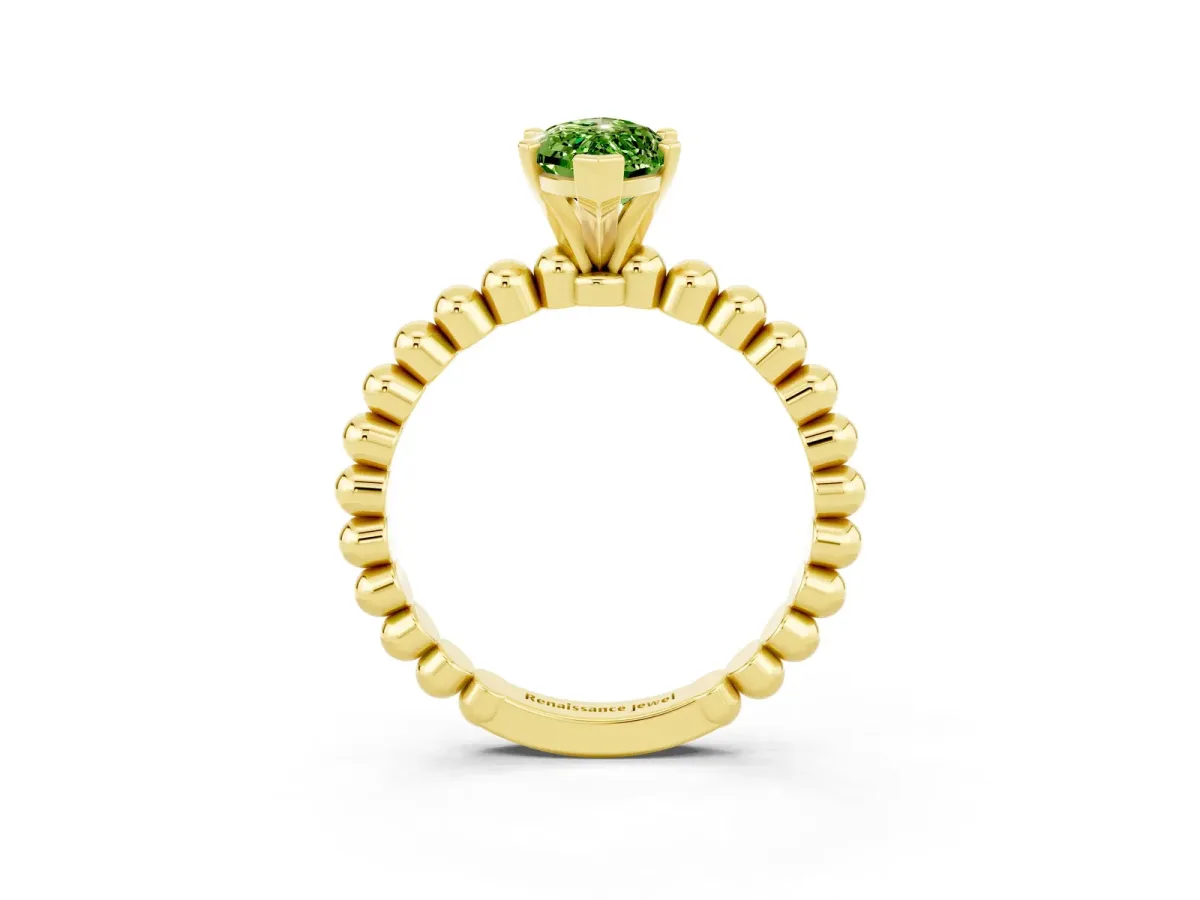 Marquise Cut Peridot Solitaire Ring with Beaded Band and Prong Setting Yellow gold