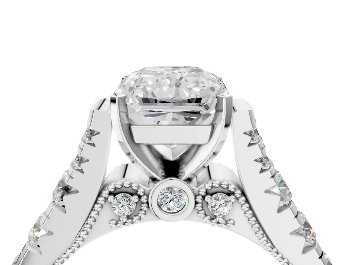 Radiant Cut Diamond Classic Solitaire Ring with Pavé Band and Four-Prong Setting Silver