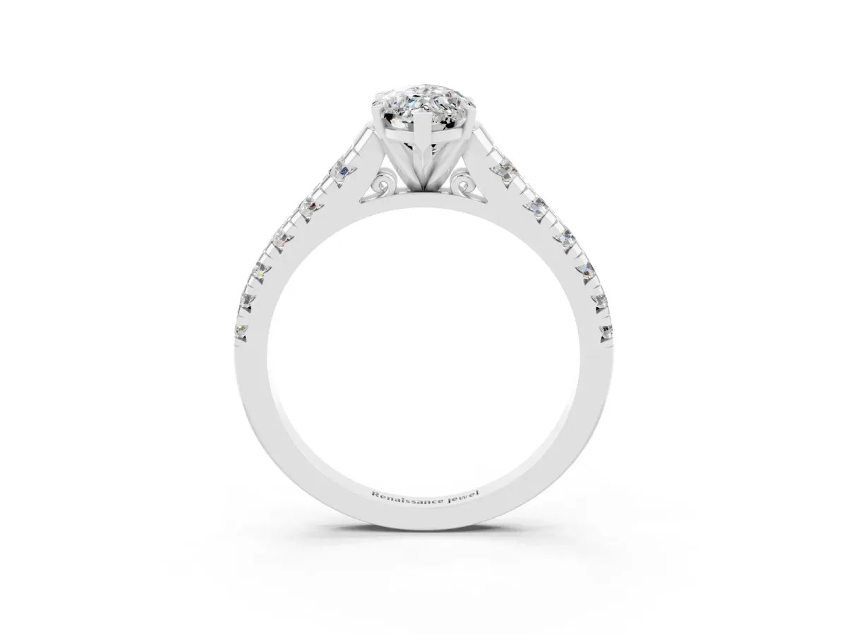 Marquise Cut Moissanite Cathedral Solitaire Ring with Round Pavé Band Silver