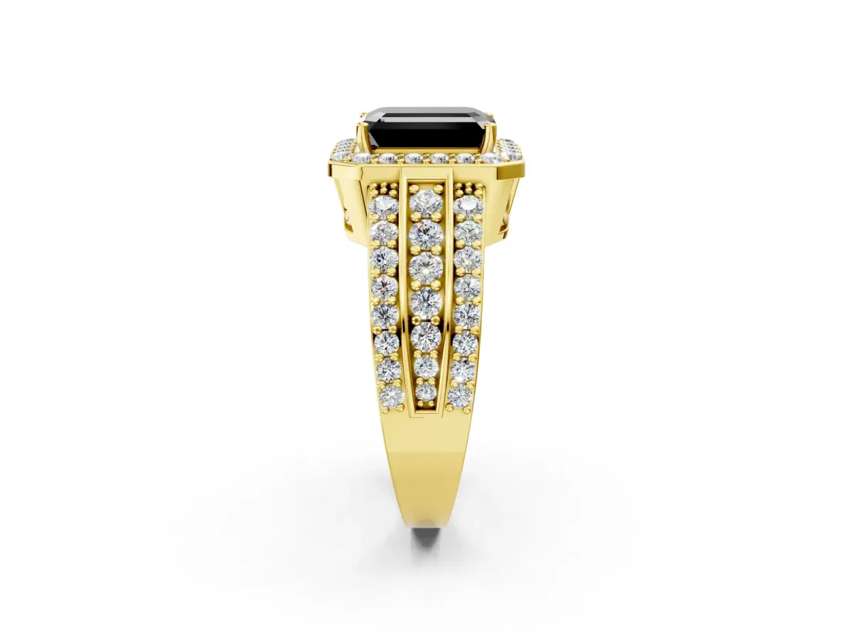 Fancy Black Emerald Cut Halo Diamond Ring with Round Split Shank and Prong Setting Yellow gold