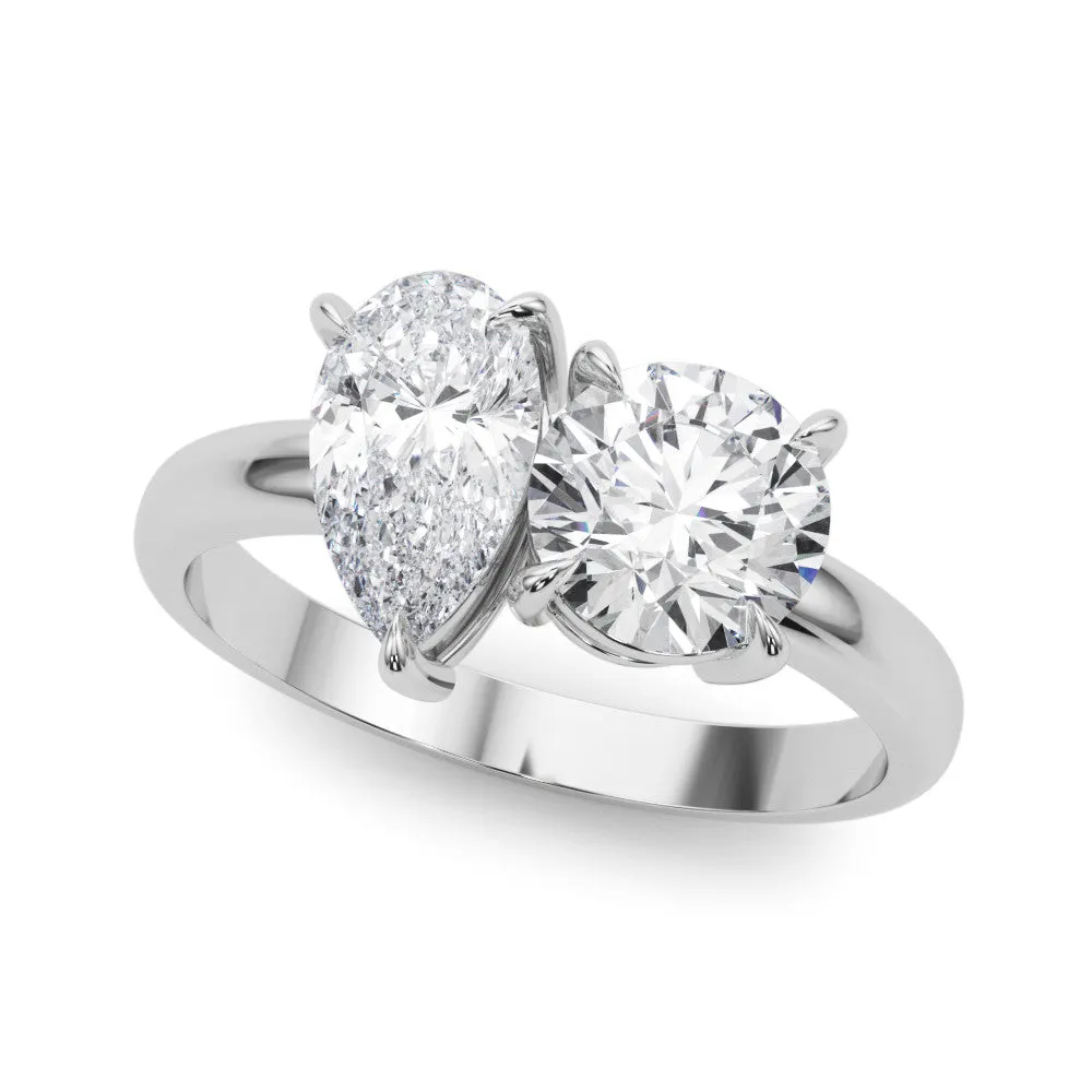 Round and Pear Toi Moi Ring with Prong Setting and Plain Band White gold