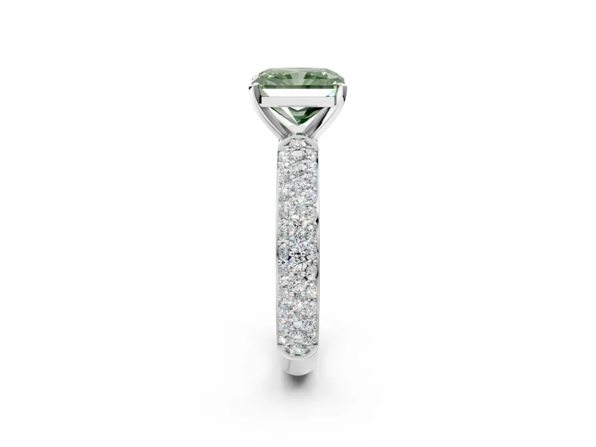 Fancy Green Radiant Cut Diamond Solitaire Ring with Prong Setting and Pavé Band Platinum