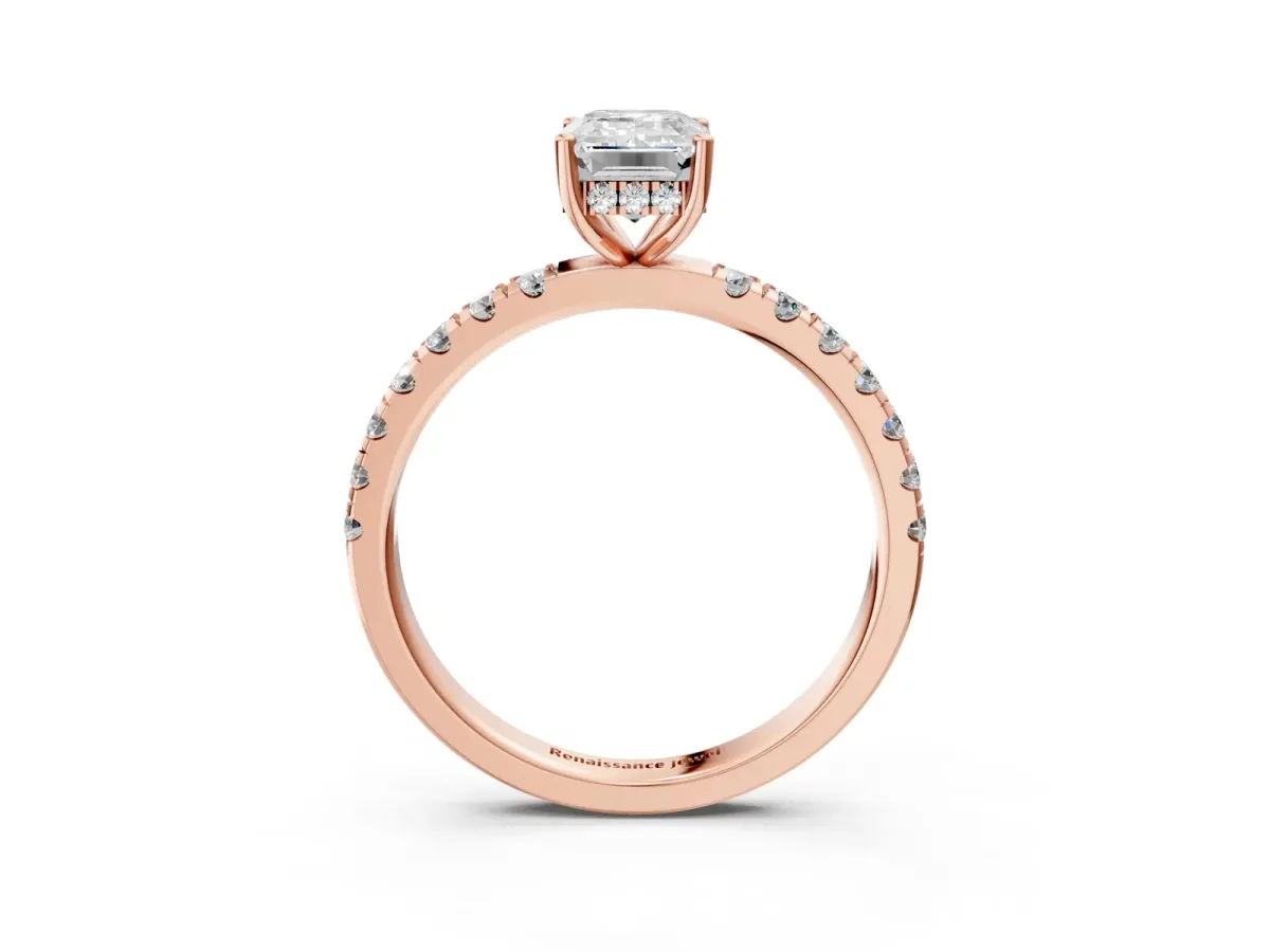 Emerald Cut Diamond Pave Band Solitaire Ring with Round and Prong Setting Rose gold