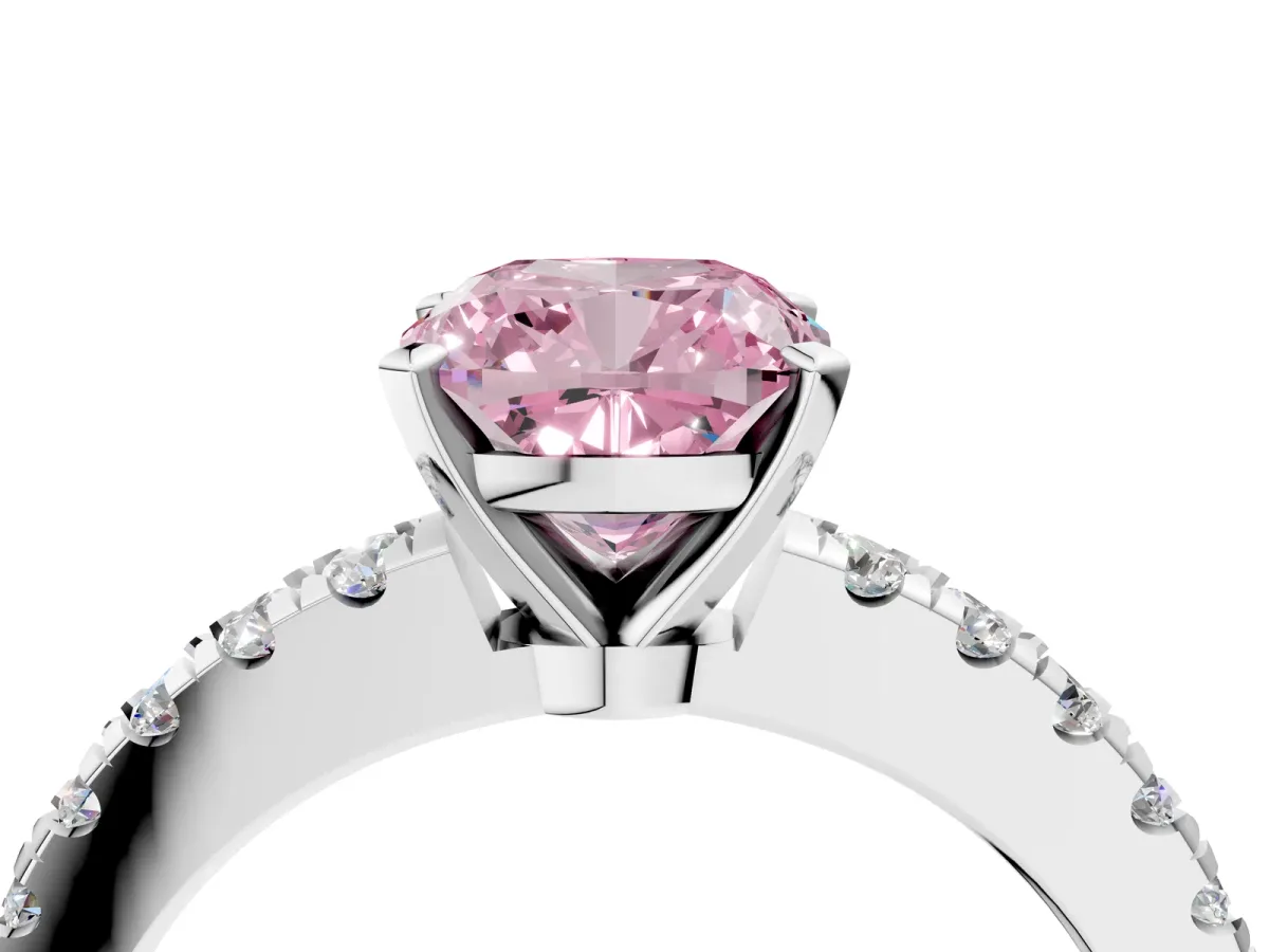 Fancy Pink Cushion Cut Solitaire Diamond with Pavé Band and Four-Prong Setting Silver