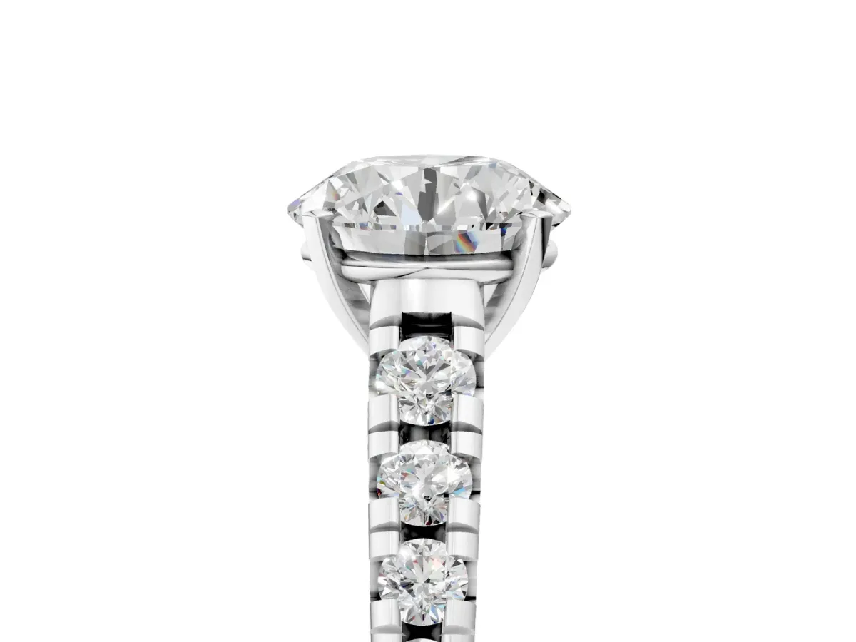 Round Cut Diamond Cathedral Solitaire Ring with Round Moissanite Pavé Band Silver