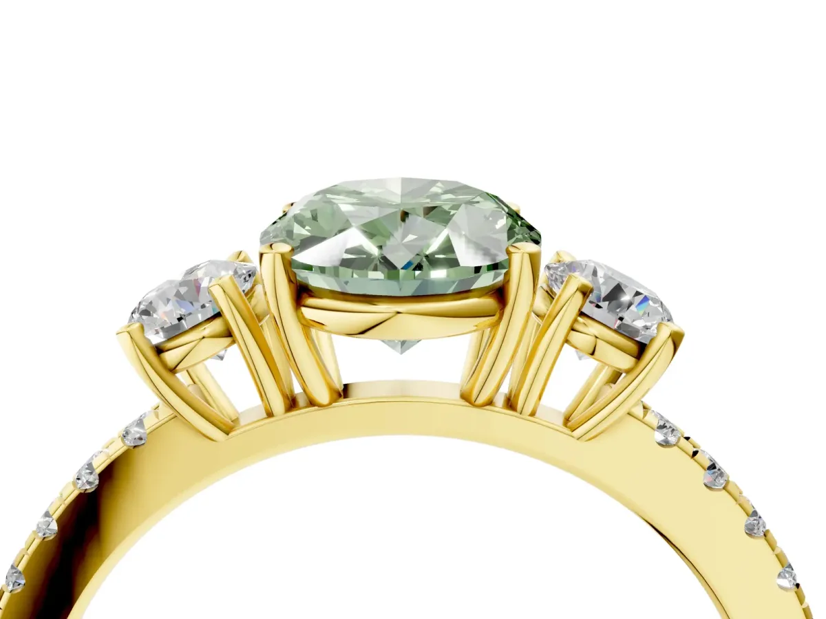 Fancy Green Three-Stone Oval Cut Cut Diamond Pavé Band with Prong Setting Yellow gold
