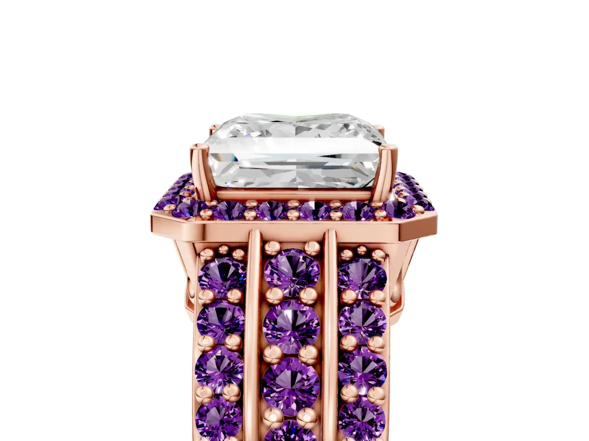 Princess Cut Halo Diamond Ring with Round Amethyst Split Shank and Prong Setting Rose gold