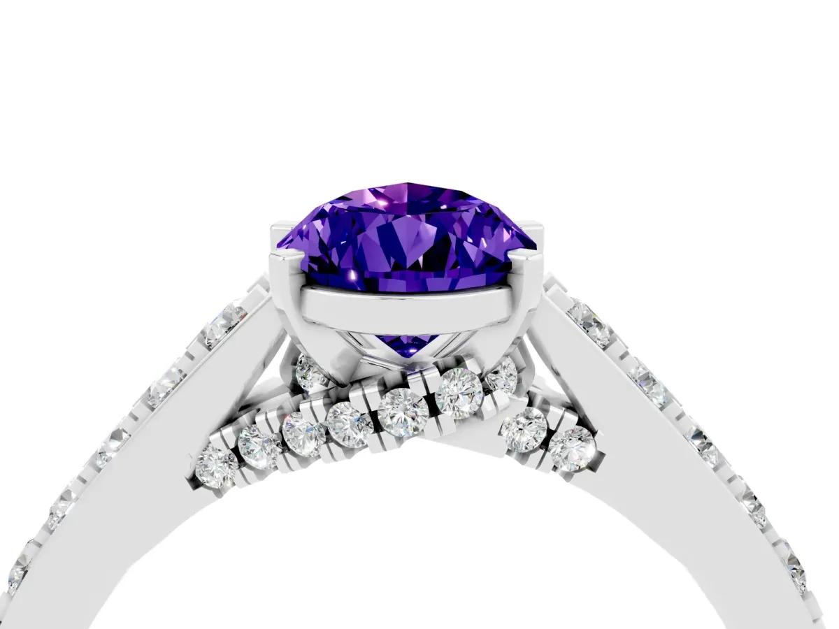 Pear Cut Tanzanite Solitaire Ring with Crossover Gallery and Round Pavé Band Silver