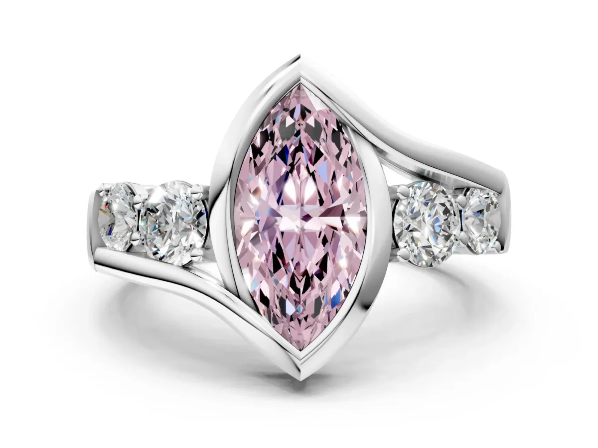 Fancy Pink Bezel Set Marquise Cut Diamond Bypass Ring with Round Accents Silver